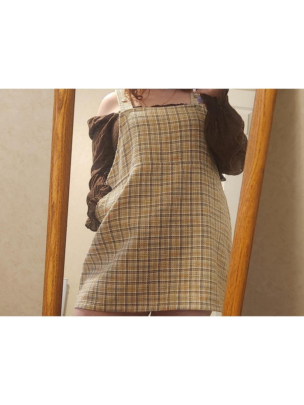 A Beautiful Soul Beige & Brown Plaid Pinafore Mini Skirtall Dress